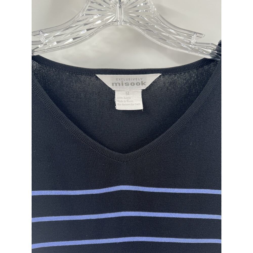 Misook Women’s Short Sleeve V Neck Lightweight Sweater Black Purple Stripe M - Picture 3 of 8